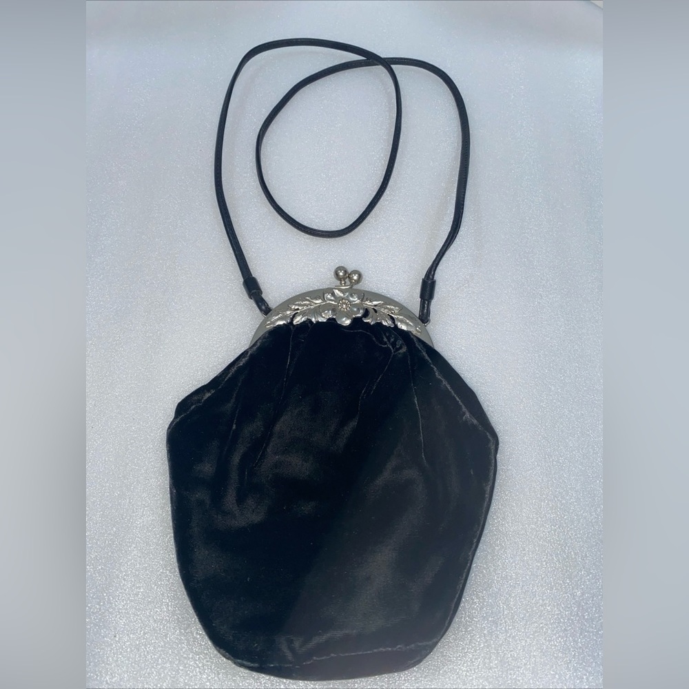 Vintage ETRA Black Velvet Evening Bag Ornate Metal Trim Kiss Clasp Silver Tone